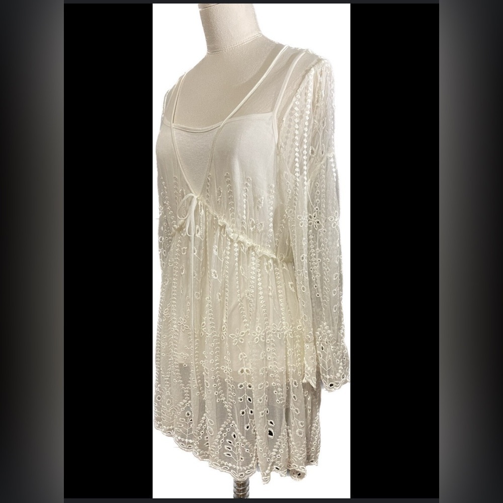 Alberto Malaki Babydoll Tunic Top Women’s M Ivory Lace Eyelet Sheer Boho Y2K
